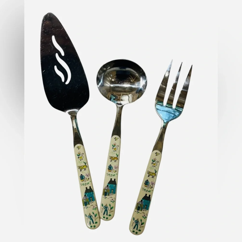 Vintage International Tableworks Heartland Serving Utensils 3 Pc Taiwan Folk Art